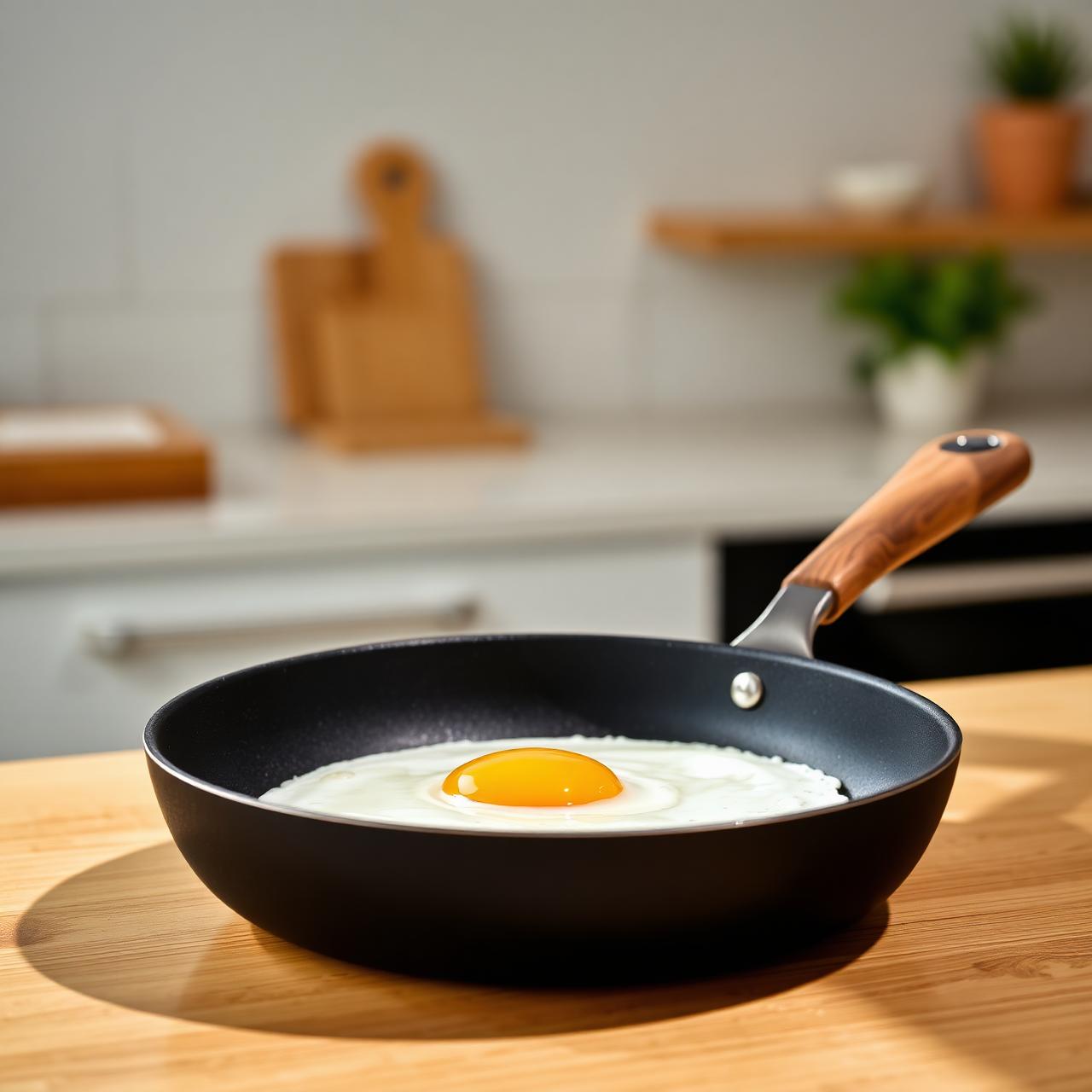 Wellora black non-stick frying pan with wooden handle cooking an egg without oil on a wooden worktop