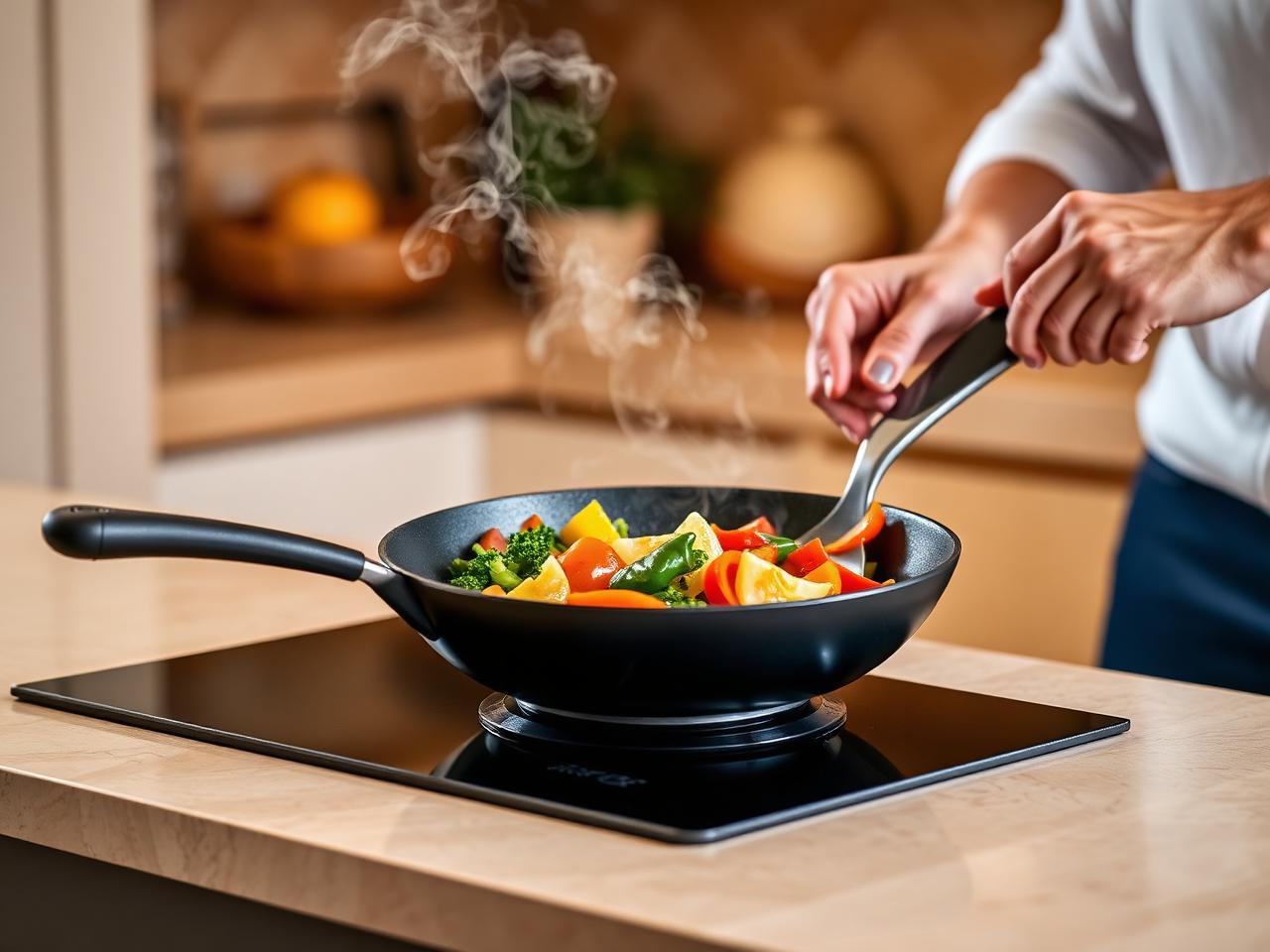 Person tossing colourful vegetables in the Wellora pan on an induction hob without using oil
